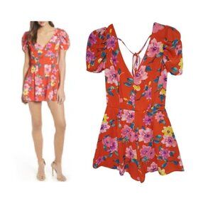 ⭐Rowa Womens Romper Sz M Red Floral Print Linen V-Neck Short Puff Sleeve Summer